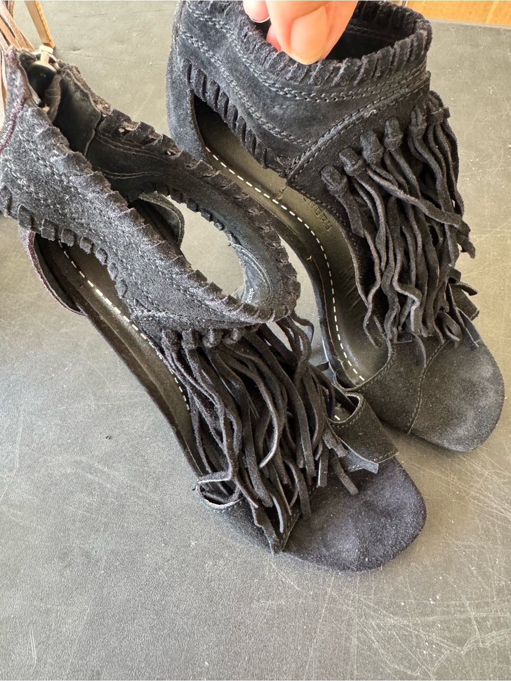 Chinese Laundry Black Suede Fringe Open-Toe Heels